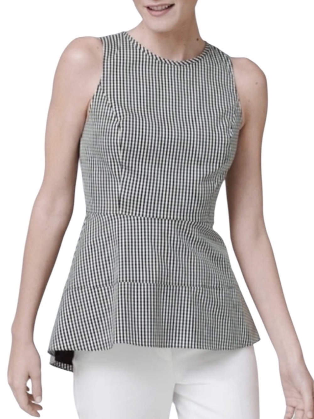White House Black Market Black & White Gingham Plaid Sleeveless Peplum Blouse
